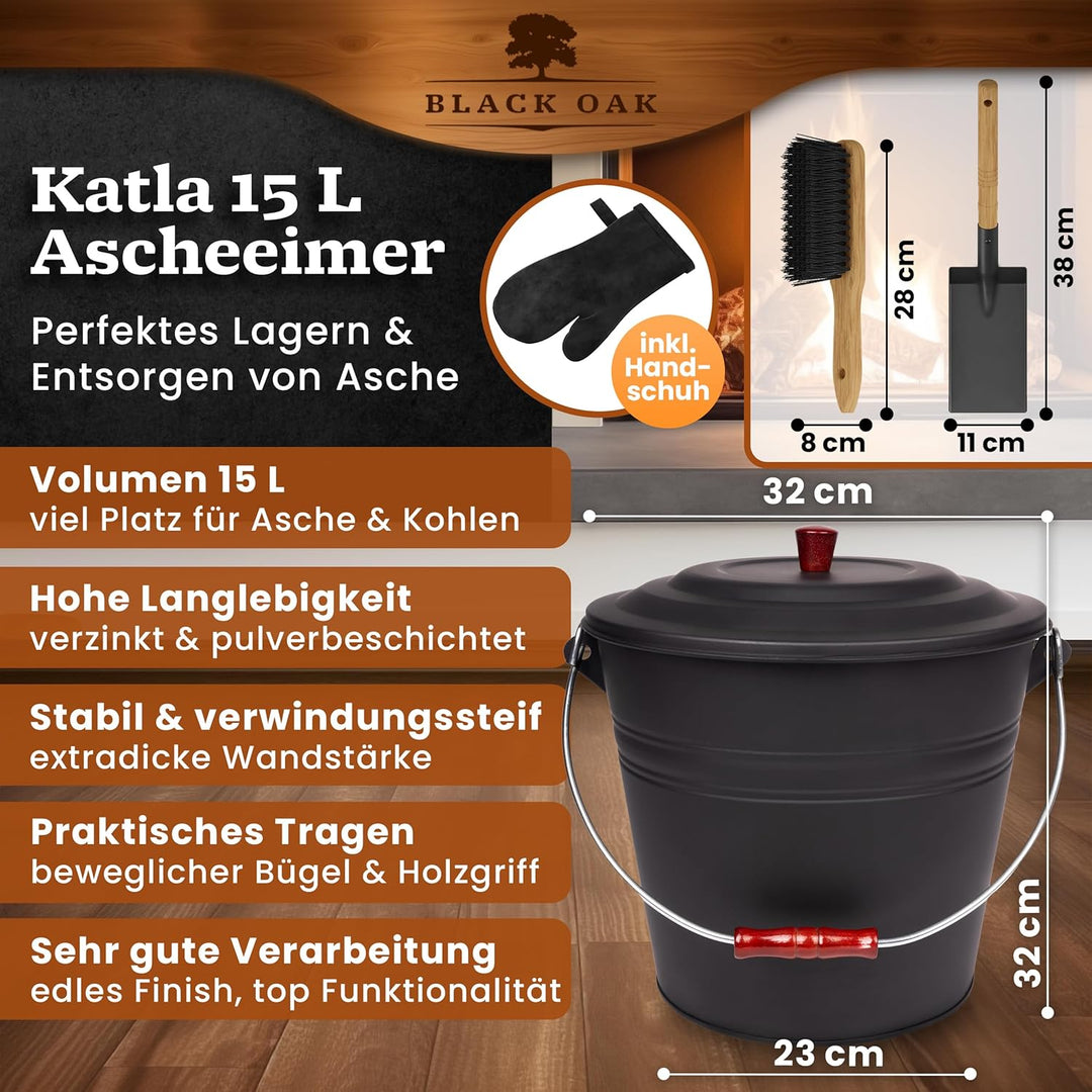 BLACK OAK Ascheeimer Katla 15L – Set Schaufel, Besen & Lederhandschuh schwarz rund mit Deckel gross
