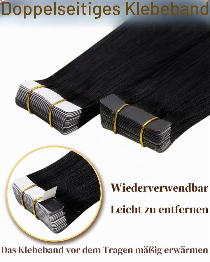 Hetto Tape Extensions Echthaar 55cm Schwarz Haarverlängerung Tape in Echthaar Remy Tape in Extension