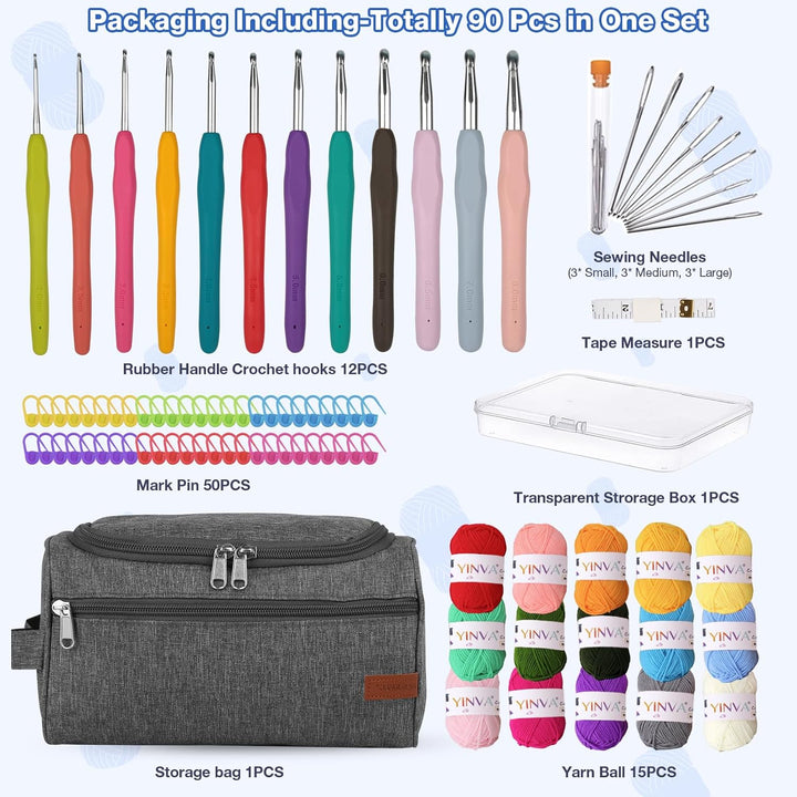YINVA Beginners Häkelset für Anfänger Häkelnadel Set 15Pcsx25g Häkelgarn 2mm-8mm Ergonomische Häkeln