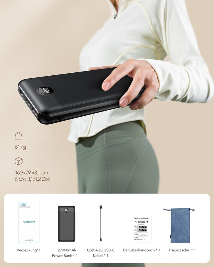 VEGER Power Bank 27000mAh 20W PD, Powerbank USB C Externer Handyakkus mit 4 Ausgängen und 2 Eingänge