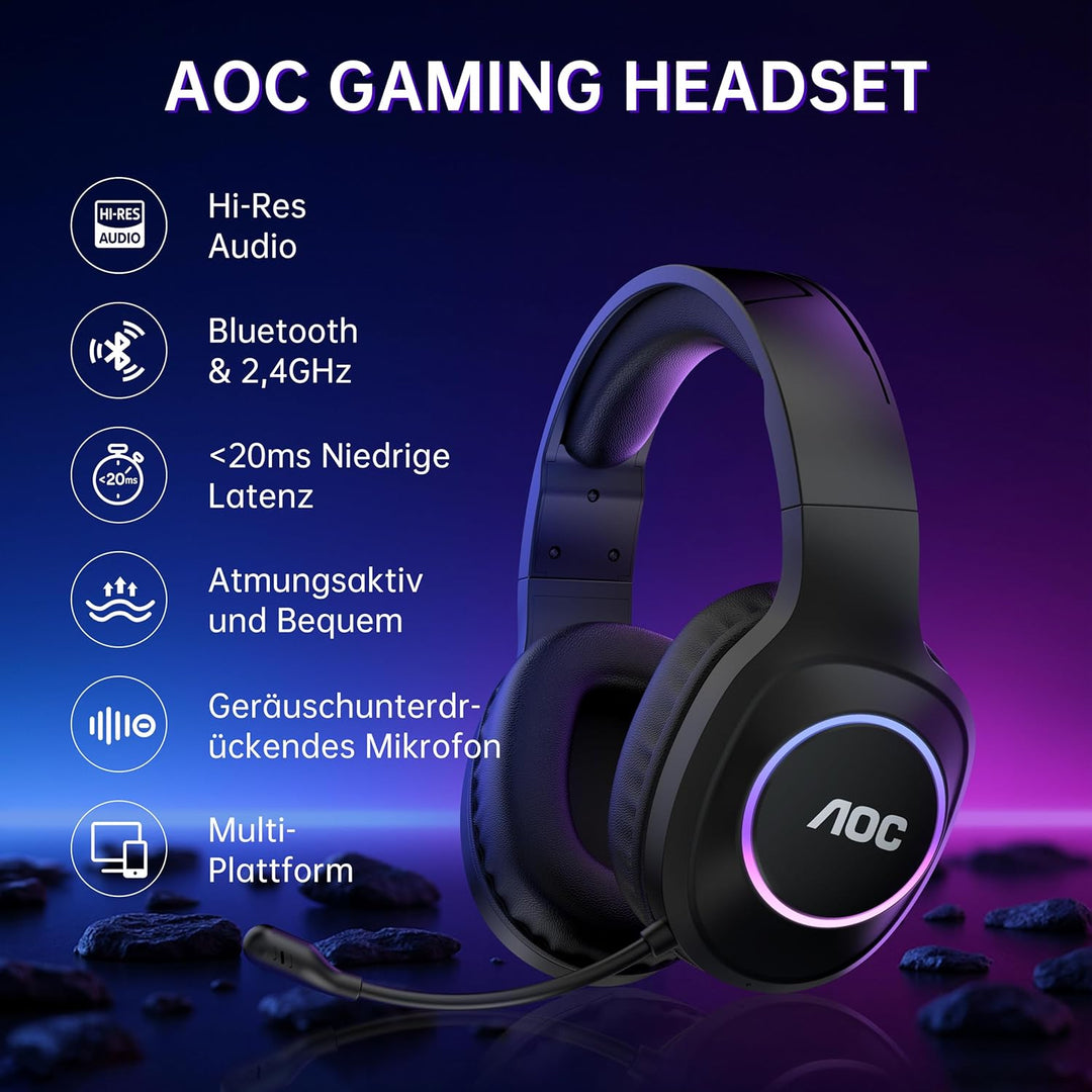 AOC Gaming Headset kabellos für PC, PS5, PS4, Switch, 2,4 GHz Wireless Headset mit Bluetooth 5.4 & K