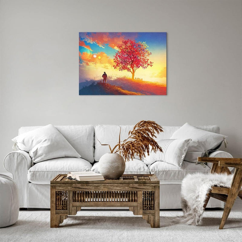 Bilder auf Leinwand Baum Wiese Feld Leinwandbild mit Rahmen 70x50cm Wandbilder Dekoration Wohnzimmer