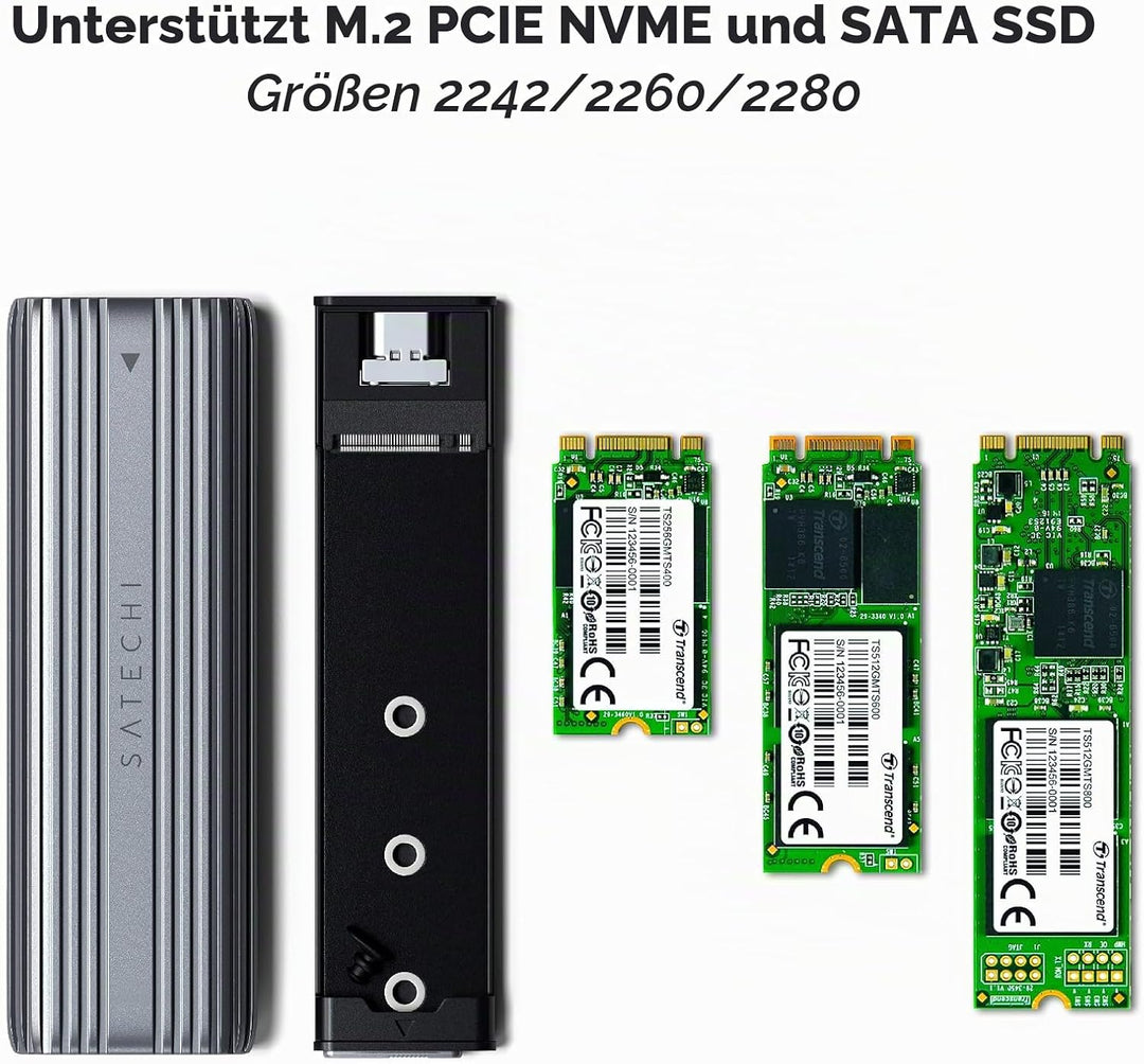 SATECHI USB-C Aluminiumgehäuse ohne Werkzeug für M.2 PCIE NVME und SATA SSD – Unterstützt USB 3.2 Ge