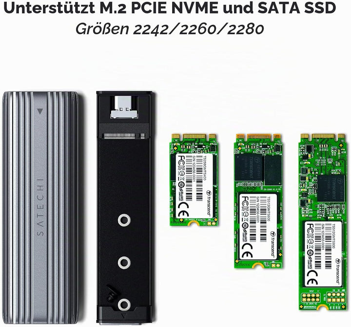 SATECHI USB-C Aluminiumgehäuse ohne Werkzeug für M.2 PCIE NVME und SATA SSD – Unterstützt USB 3.2 Ge