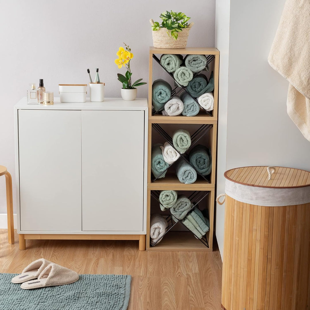 Compactor – Stapelbares Flaschenregal für 12 Flaschen – Weinregal aus Naturholz mit Metallkreuzen –