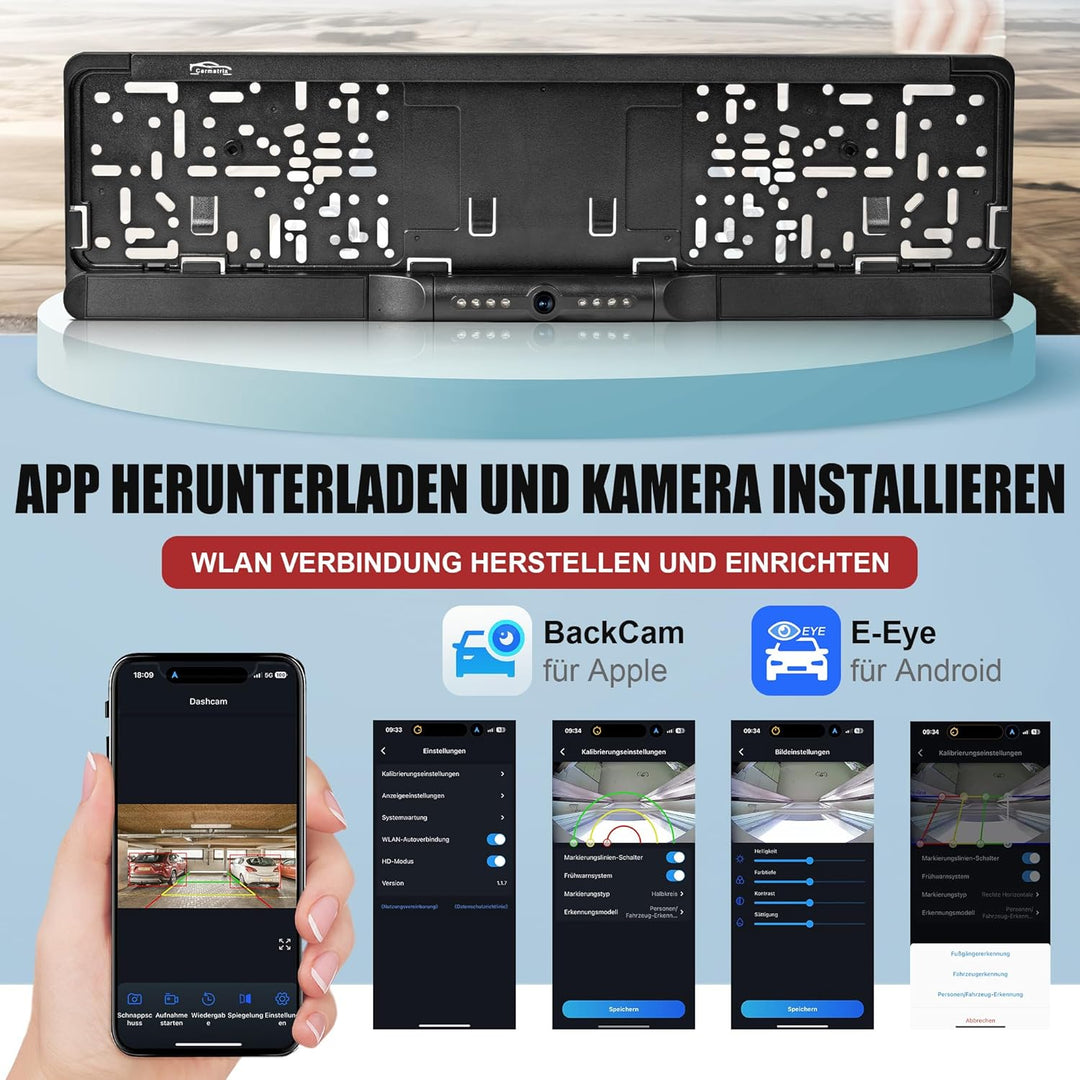 WLAN Funk Rückfahrkamera im Kennzeichenhalter für Smartphone | HD Rückfahrsystem mit App-Steuerung f