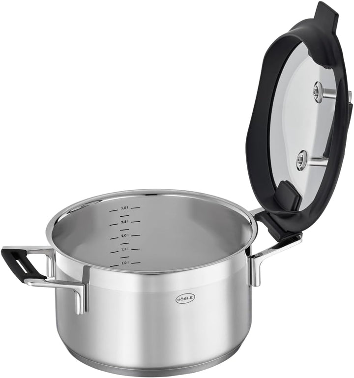 RÖSLE SILENCE PRO Kochtopf, Hochwertiger Universaltopf aus Edelstahl 18/10, 20 cm, Glasdeckel, Innen