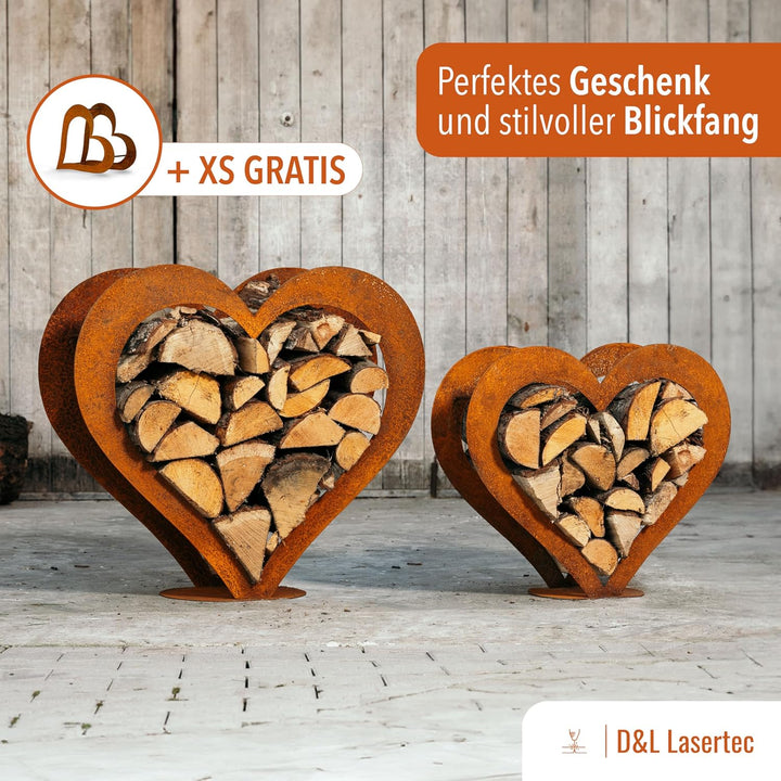 D&L Lasertec Kaminholzkorb, Herz aus Metall, Rost, Edelrost, Holzregal - Deko - SET M+L+XS