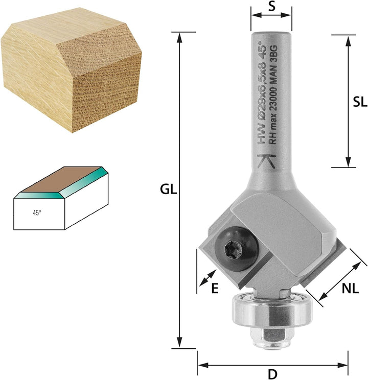 ENT 20293 Wendeplatten Fasefräser HW, Schaft (S) 8 mm, Durchmesser (D) 32 mm, NL 12 mm, E 45°, mit K