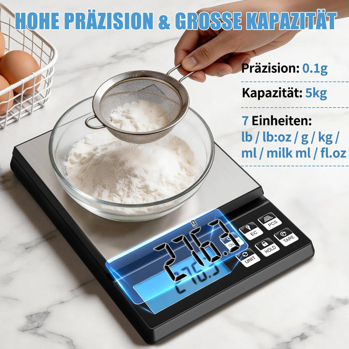Hochpräzise Digitale Küchenwaage 2kg/1g, Bäckereiwaage mit Prozentfunktion, Edelstahl Wiegeplatte, 2
