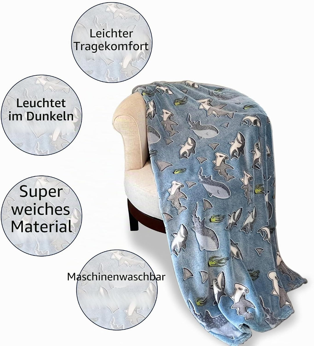 Hai-Überwurfdecke: leuchtet im Dunkeln, gemütlich, weich, warme Fleecedecke für Jungen und Mädchen,