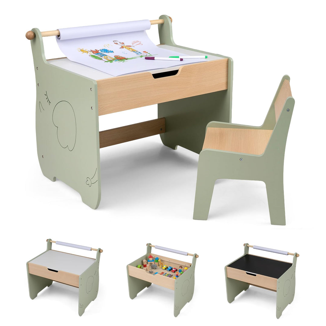 FANTASK 4 in 1 Holz Kindertisch mit Stuhl, wendbare & abnehmbare Tischplatte, Maltisch mit Stauraum