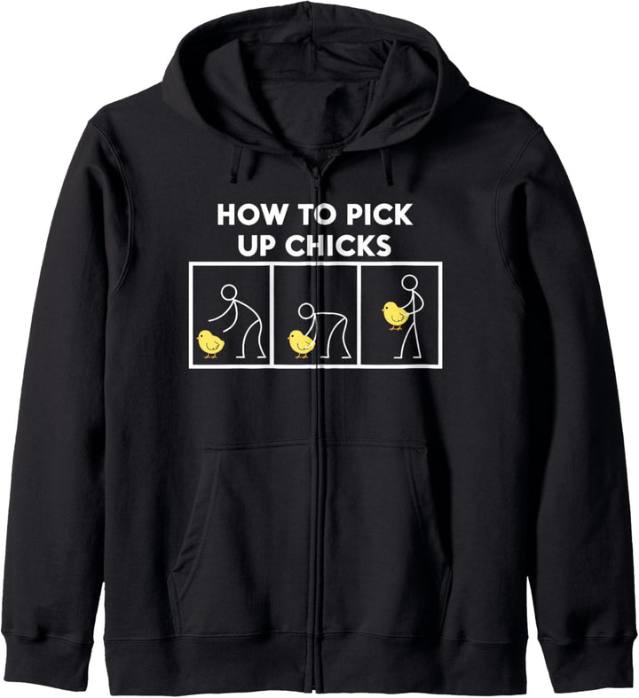 Lustiges T-Shirt mit Aufschrift „How To Pick Up Chicks“ Kapuzenjacke