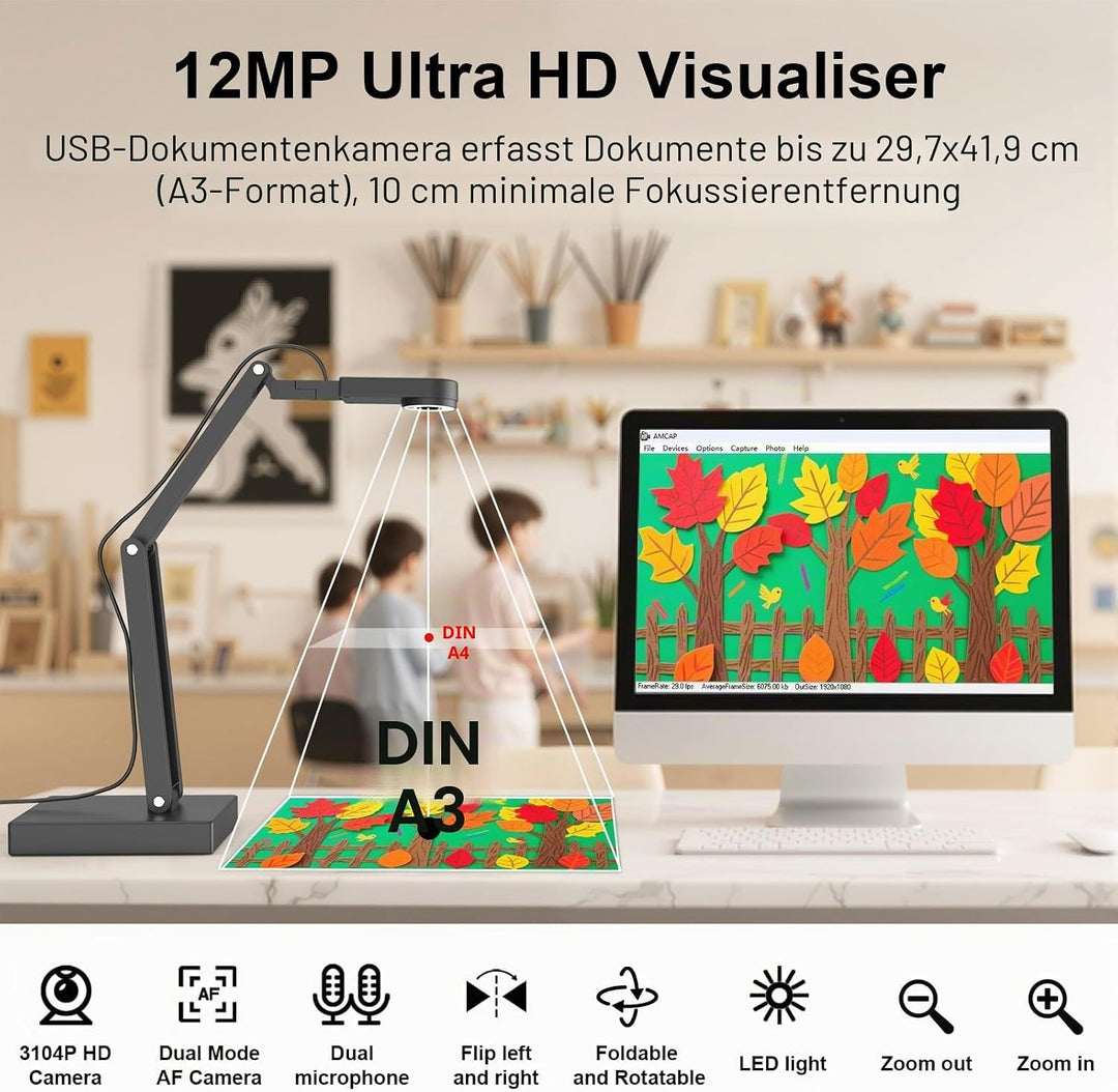 12MP Dokumentenkamera Schule, 4K Visualizer für Klassenzimmer - A3-Format, LED Licht, MIC, Drehen, S