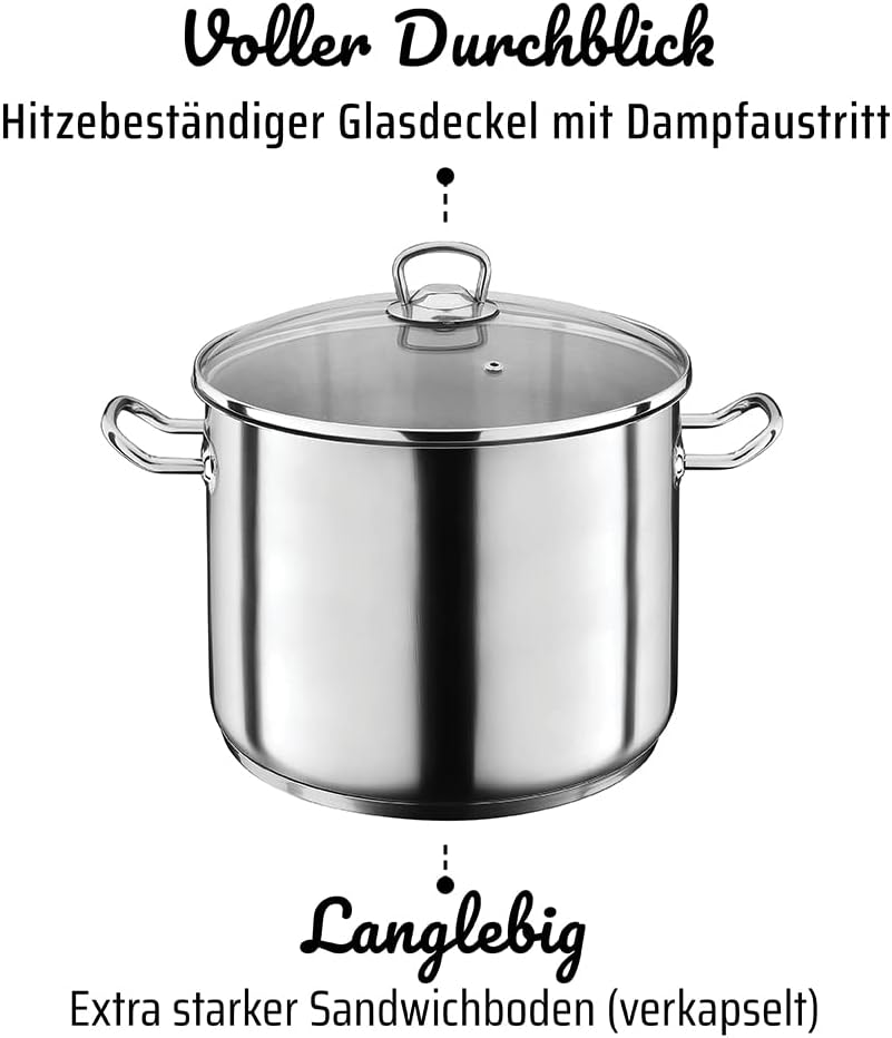 GSW 643437 Profi Jumbotopf mit Glasdeckel 28x25cm / ca. 15,0 Liter, Edelstahl, silber, 28 cm, 2-Einh