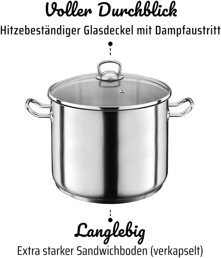 GSW 643437 Profi Jumbotopf mit Glasdeckel 28x25cm / ca. 15,0 Liter, Edelstahl, silber, 28 cm, 2-Einh