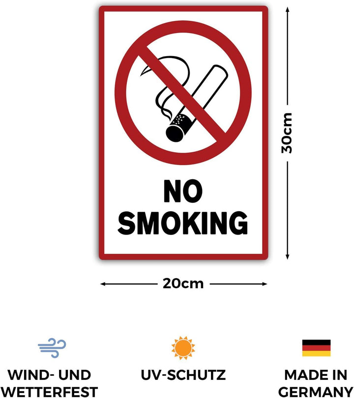 5 Stück No smoking/rauchen verboten Schild 20 x 30 cm aus stabiler PVC Hartschaumplatte 3mm mit UV-S