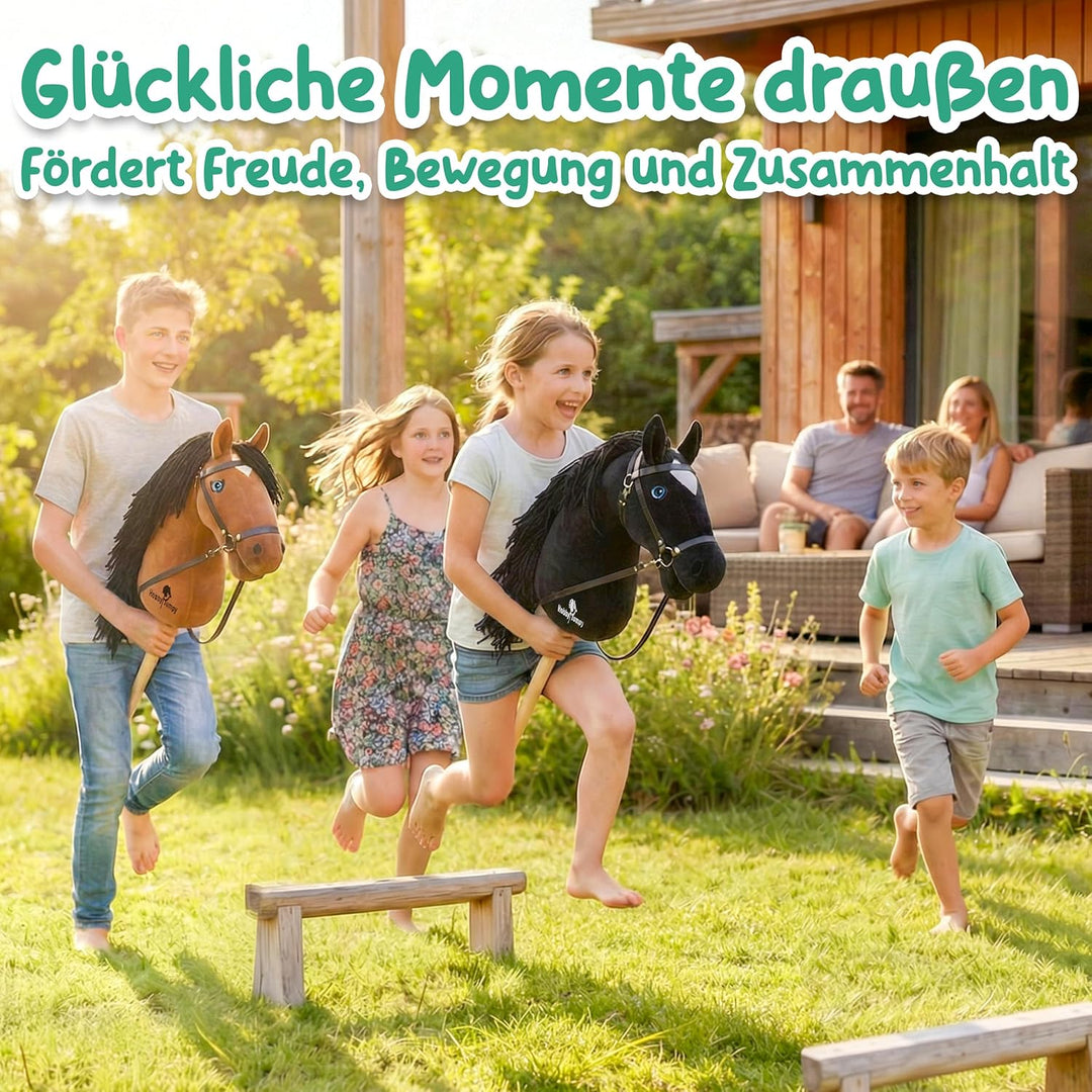 Premium Hobby Horse,Steckenpferd,Stockpferd mit realistischen Augen & Stall‑Karton – Braun oder Schw