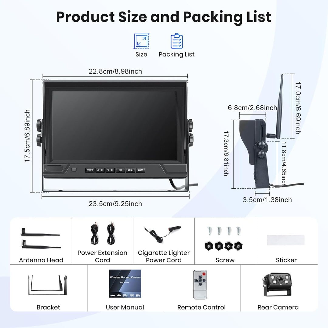 Hodozzy Rückfahrkamera Kabellos Set, 9 Zoll IPS Monitor mit Toter-Winkel-Warnung, Wasserdicht, Weitw