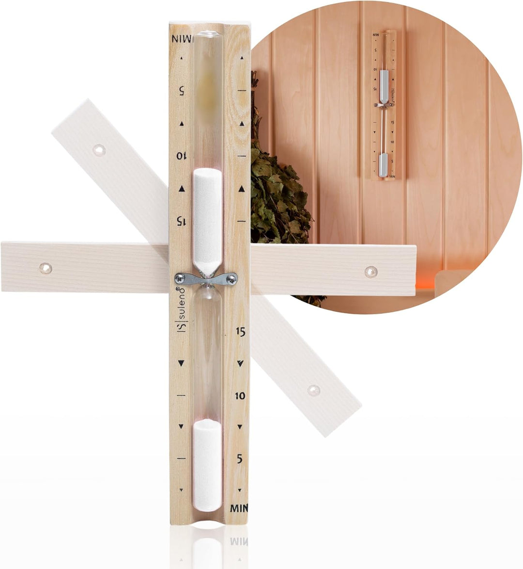 Suleno® Sauna Sanduhr 5-15 Minuten – Hitzebeständiger Zeitmesser aus Holz, Glaszylinder mit weissem