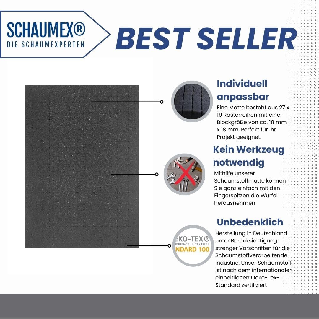 500mm x 350mm x 45mm - Rasterschaumstoff Würfelschaum Werkzeugkoffer Kamerakoffer Schaumstoff B, B