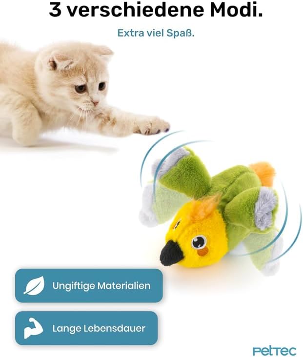 PetTec - Plush Toy Papagei Katzenspielzeug interaktiv zur Selbstbeschäftigung - Plüschtier Katze bew