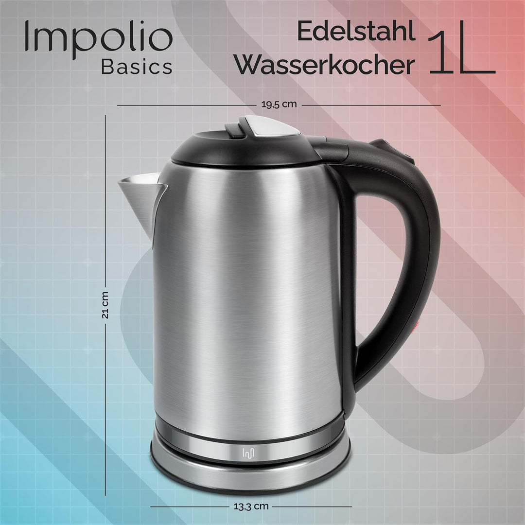 Basics Wasserkocher, Wasserkocher Edelstahl 1L, Wasserkocher klein 1200W, Reisewasserkocher mit Troc