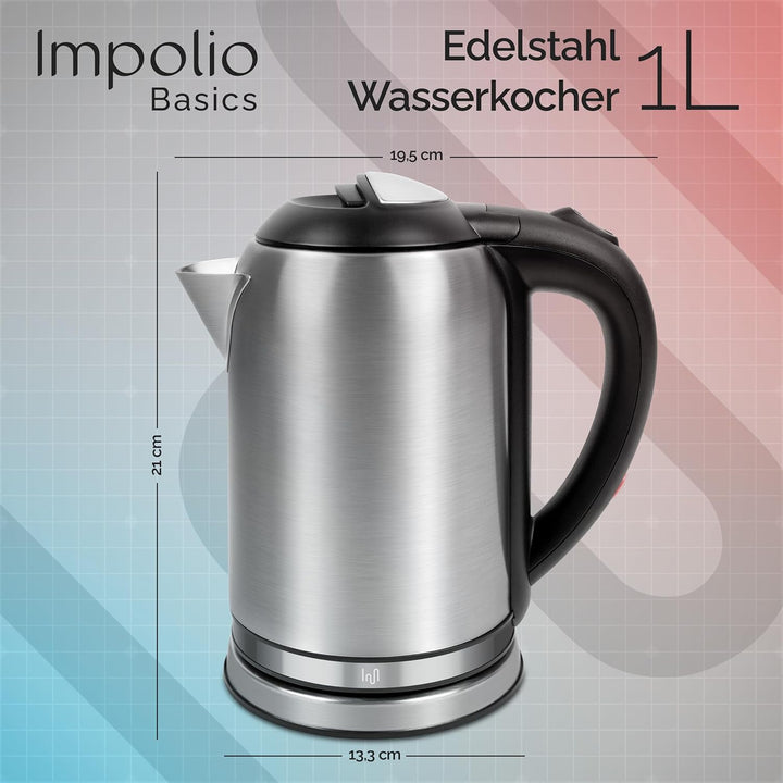 Basics Wasserkocher, Wasserkocher Edelstahl 1L, Wasserkocher klein 1200W, Reisewasserkocher mit Troc