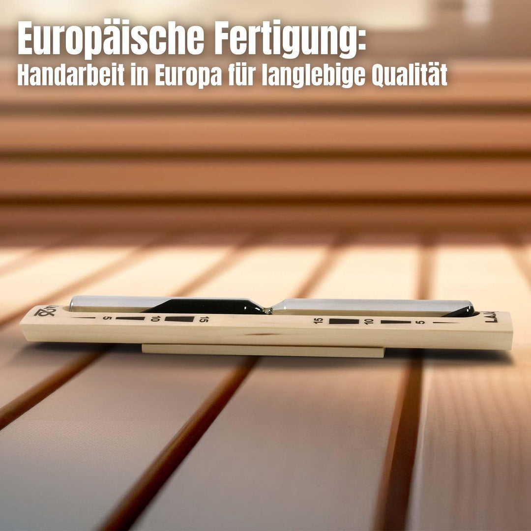 LaJa26 Sauna Sanduhr "Konvex" schwarzer Sand - FSC Espenholz - Drehgestell aus Holz zur Montage an d