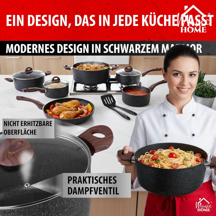 MAGIC HOME Topfset INDUKTION 13-tlg | Aluguss Pfannenset & Kochtopf Set | Marmor Antihaft Bratpfanne