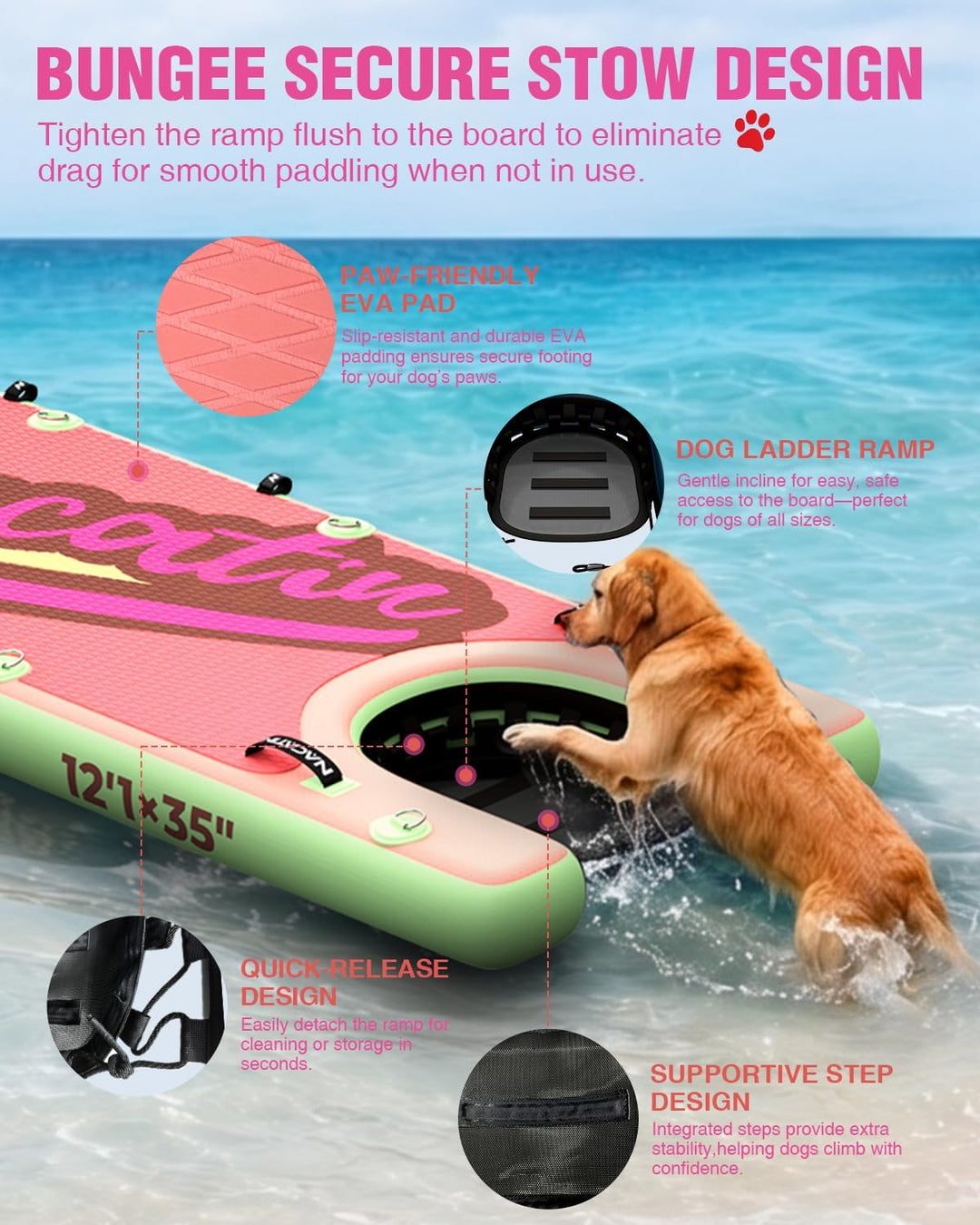 NACATIN 12'/366cm aufblasbares SUP Board mit Hunderampe, breites 36"/91cm Stand Up Paddling Board mi