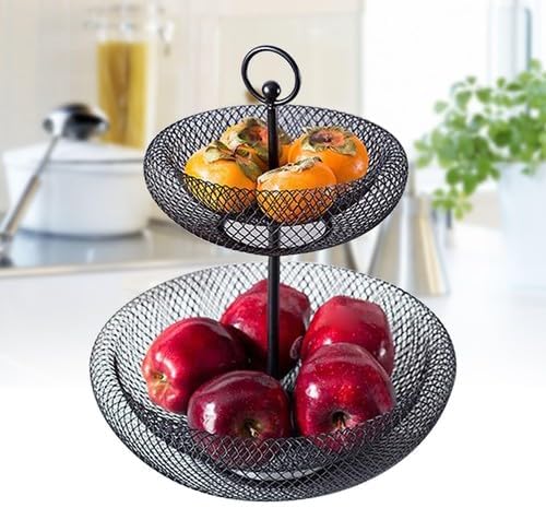 2-stöckiger Obstkorb, Metall Obstschale Gross Etagere Schwarz Fruit Basket Gemüse, Dekorativer Obstk
