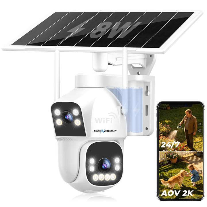 GENBOLT 2.5K AOV Solar Überwachungskamera Aussen WLAN Kabellose, 7/24-Aufzeichnung 3MP+3MP IP Kamera