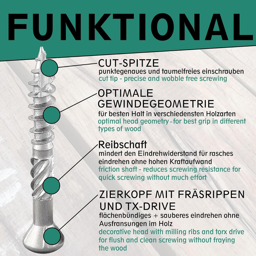 Terrassenschraube mit Zierkopf und TX-Antrieb | gehärteter Edelstahl C1 | inkl. 1 x S2-Bit | Schaftf