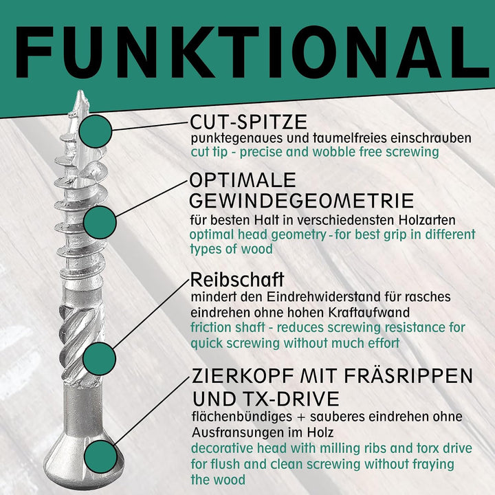 Terrassenschraube mit Zierkopf und TX-Antrieb | gehärteter Edelstahl C1 | inkl. 1 x S2-Bit | Schaftf