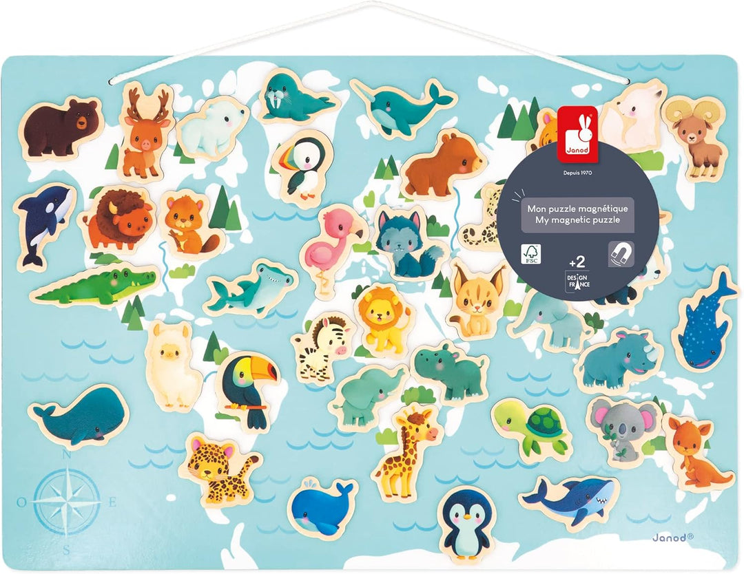 Janod - Minikids – Magnet-Puzzle der Welt - 40 Magnete aus FSC-Holz - Mit 1 Poster - Lernspiel - Mag