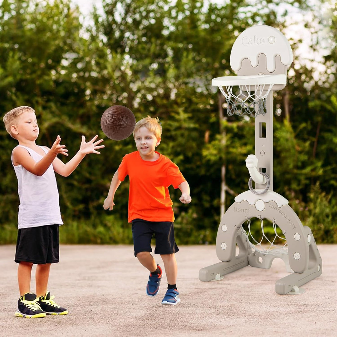 COSTWAY 4-in-1 Kinder Basketballkorb Set, höhenverstellbarer Basketballständer mit Fussballtor & Bas