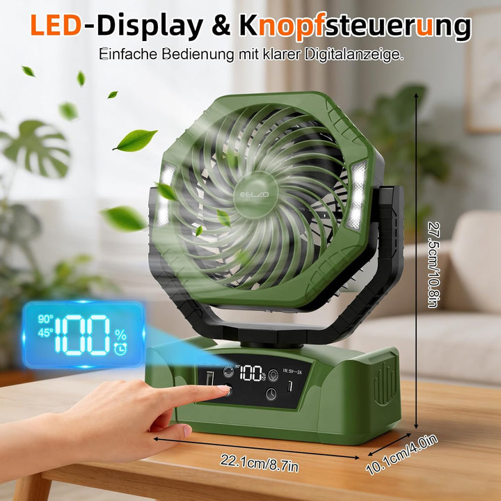 ELZO 20000mAh Camping Ventilator, Wiederaufladbarer Tischventilator USB Ventilator mit LED Licht & H