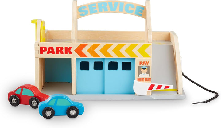 Melissa & Doug Service Station Parking Garage , Wooden Vehicle , Pretend Play , 3+ , Gift for Boy or