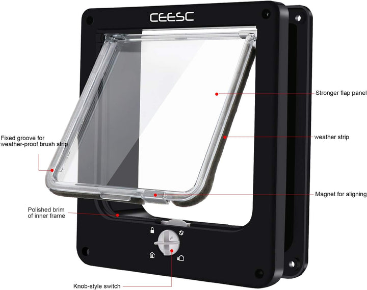 CEESC Grosse Katzenklappe (Aussengrösse 29,5 cm x 24,5 cm), drehbare 4-Wege-Verriegelungstür für Kat