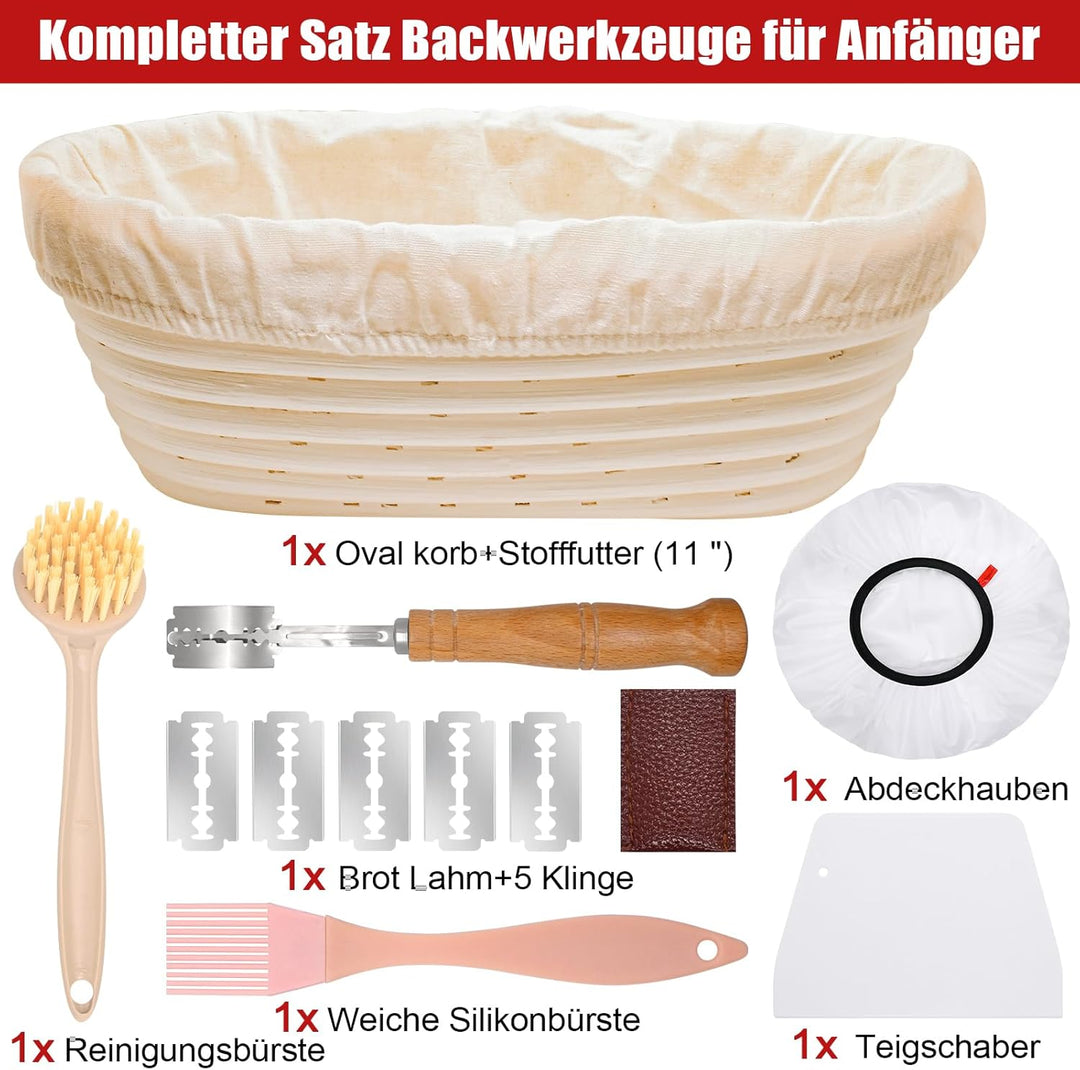 Gärkörbchen Oval 28 cm für 700g Teig, Gärkorb Rattan Set Sauerteig mit Leinentuch & Gärfolie Backen,