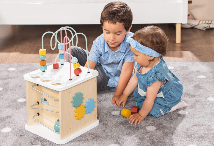 PINOLINO Motorikwürfel Sanna, aus Holz, 10 -tlg. mit 3 Kugeln, 6 Steckklötzen, Motorikschleife, bunt