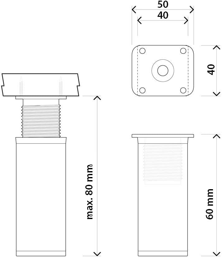 Sossai Möbelfüsse MFV1, 4er Set, Höhe 60 mm, höhenverstellbar, Vierkantprofil 40 x 40 mm, weiss, ide