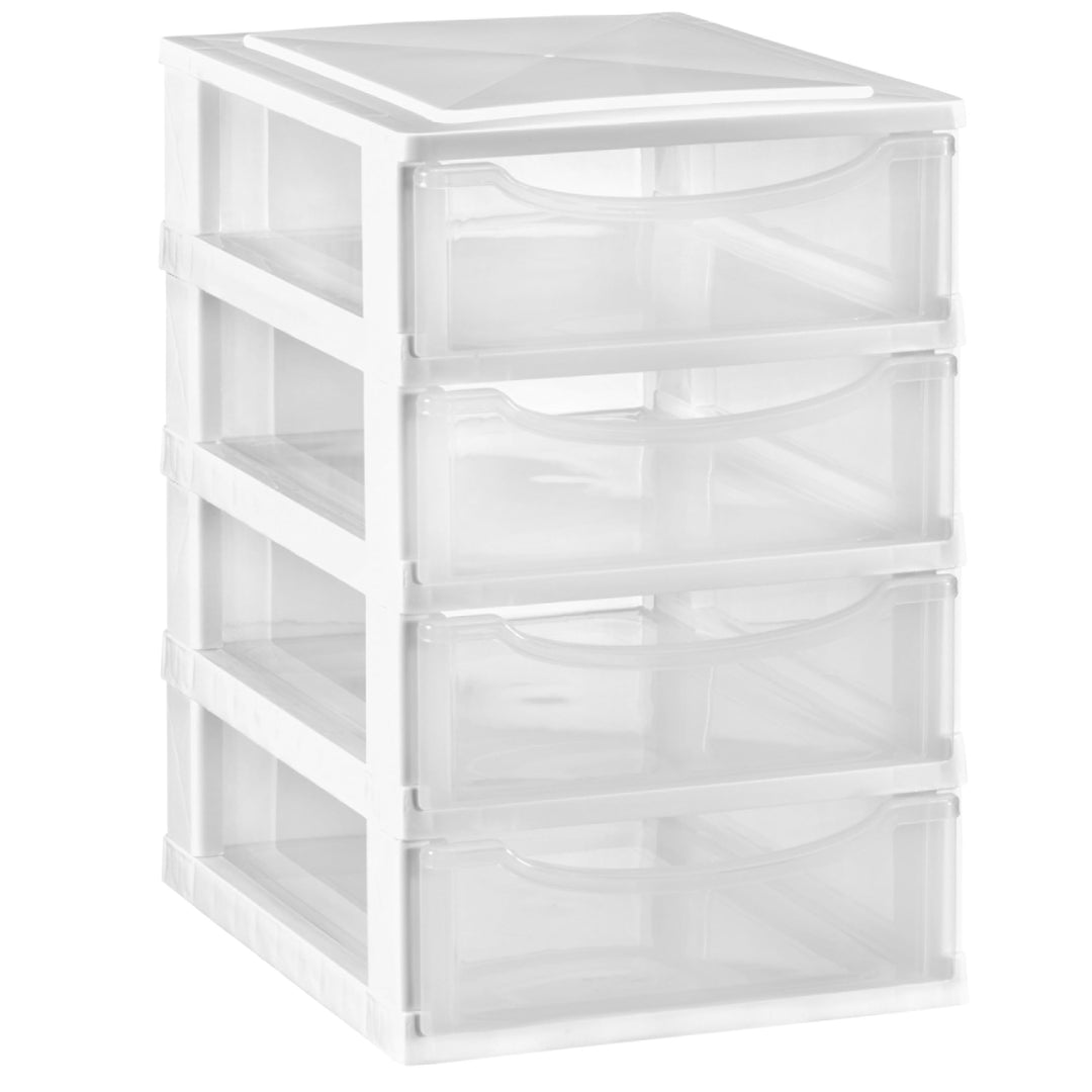 Hummelladen Schubladenbox DIN A4 mit 4 Schubladen 34,5x26x39 cm - Weiss-transparent Kunststoff Drawe