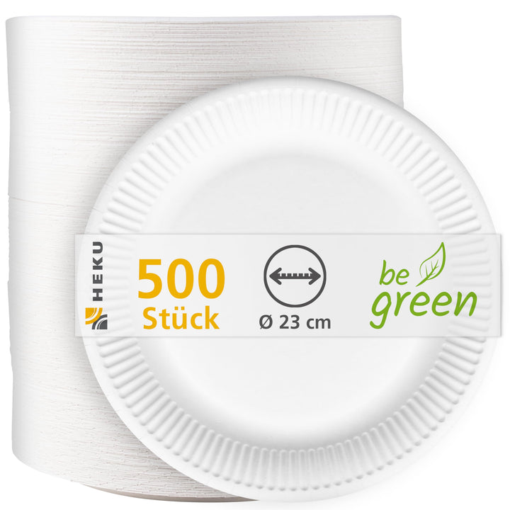 HEKU grosse Pappteller Ø 23cm, 500 Stück, weiss I 100% Kompostierbar I Robustes 220g/m² Frischfaser