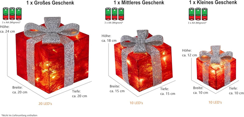 Bambelaa! 3er Led Deko Geschenke Leucht Boxen Timer Weihnachts Dekoration Weihnachtsdeko Beleuchtet