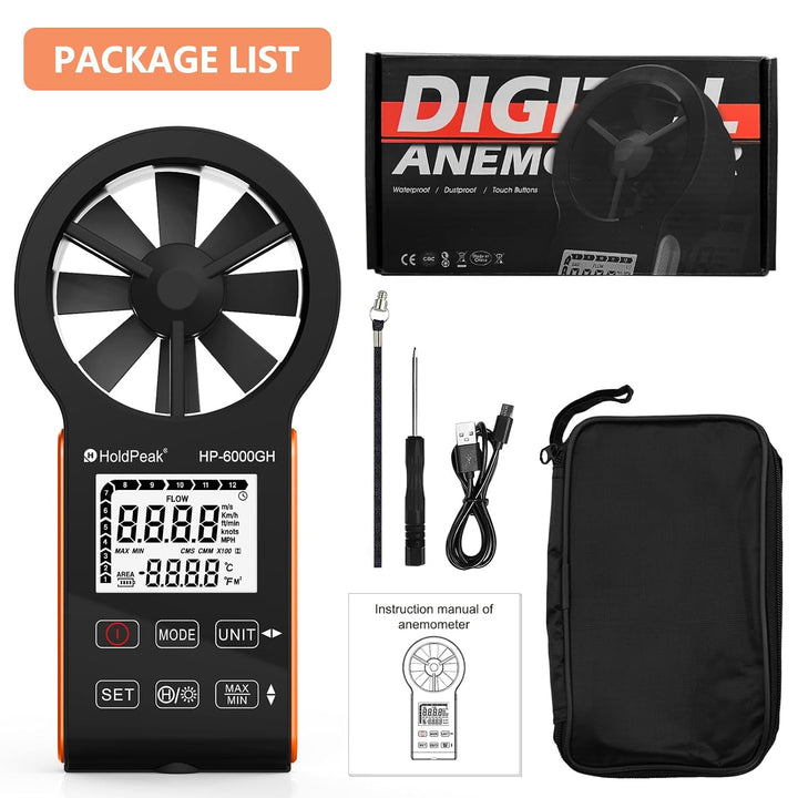 HOLDPEAK Anemometer HP-6000GHB Digitales Anemometer – Windgeschwindigkeits- und Luftstrommesser, Tem