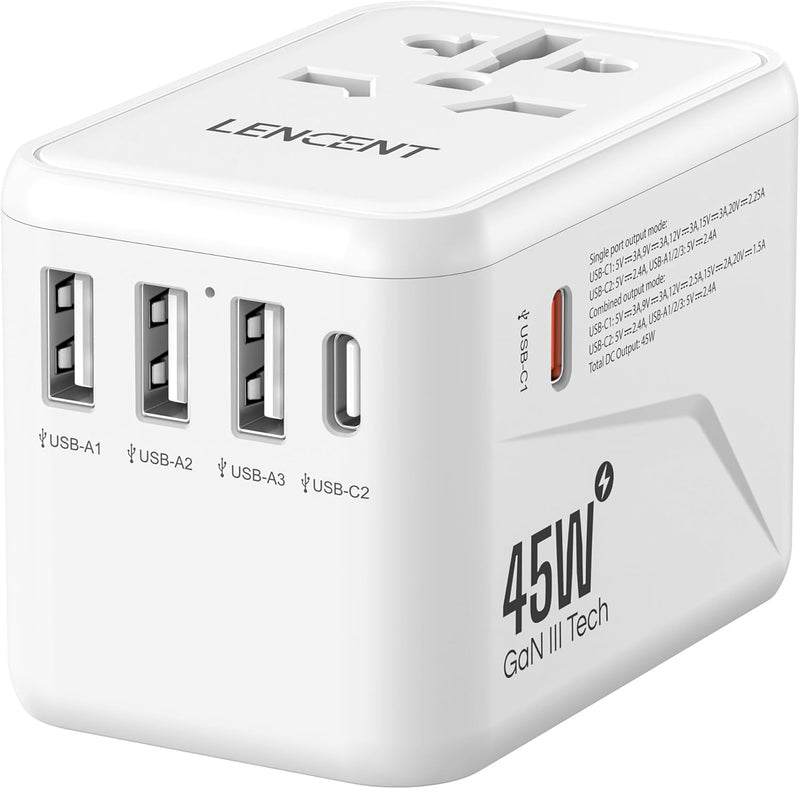 LENCENT Universal Reiseadapter, GaN III 45W Internationales Ladegerät mit 3 USB & 2 USB-C PD Schnell