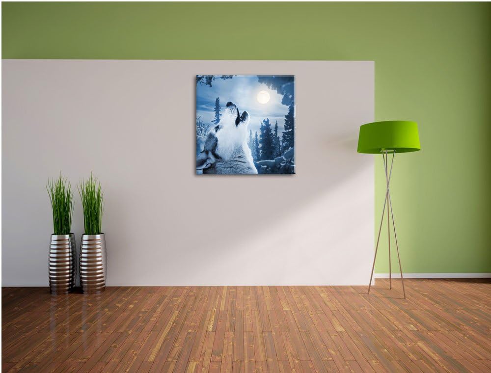Pixxprint Wolf vor Mondlicht als Leinwandbild/Grösse: 70x70 cm/Wandbild/Kunstdruck/fertig bespannt,