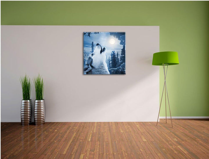 Pixxprint Wolf vor Mondlicht als Leinwandbild/Grösse: 70x70 cm/Wandbild/Kunstdruck/fertig bespannt,